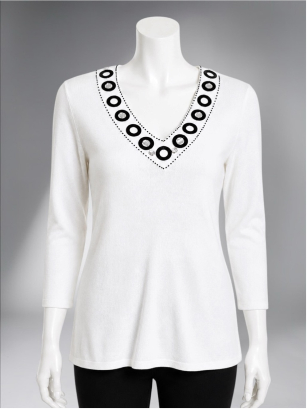 Evelyn White Knit Top with Jet Black Beading & Rhinestones in